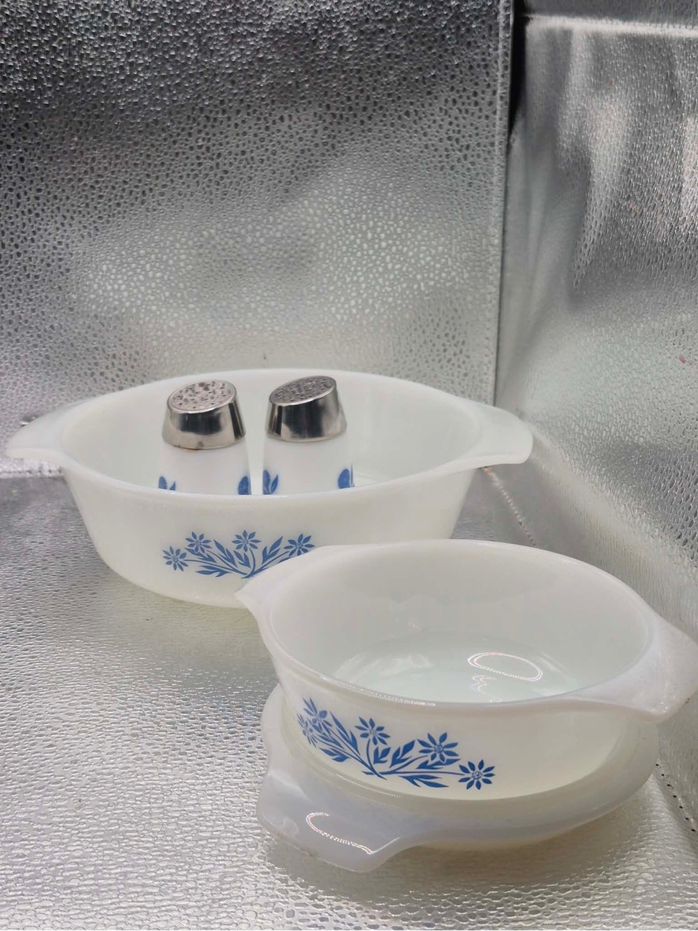 Fire King Blue Cornflower Vintage Mini Milk Glass Casserole Dish Set w/ Shakers - Picture 12 of 16